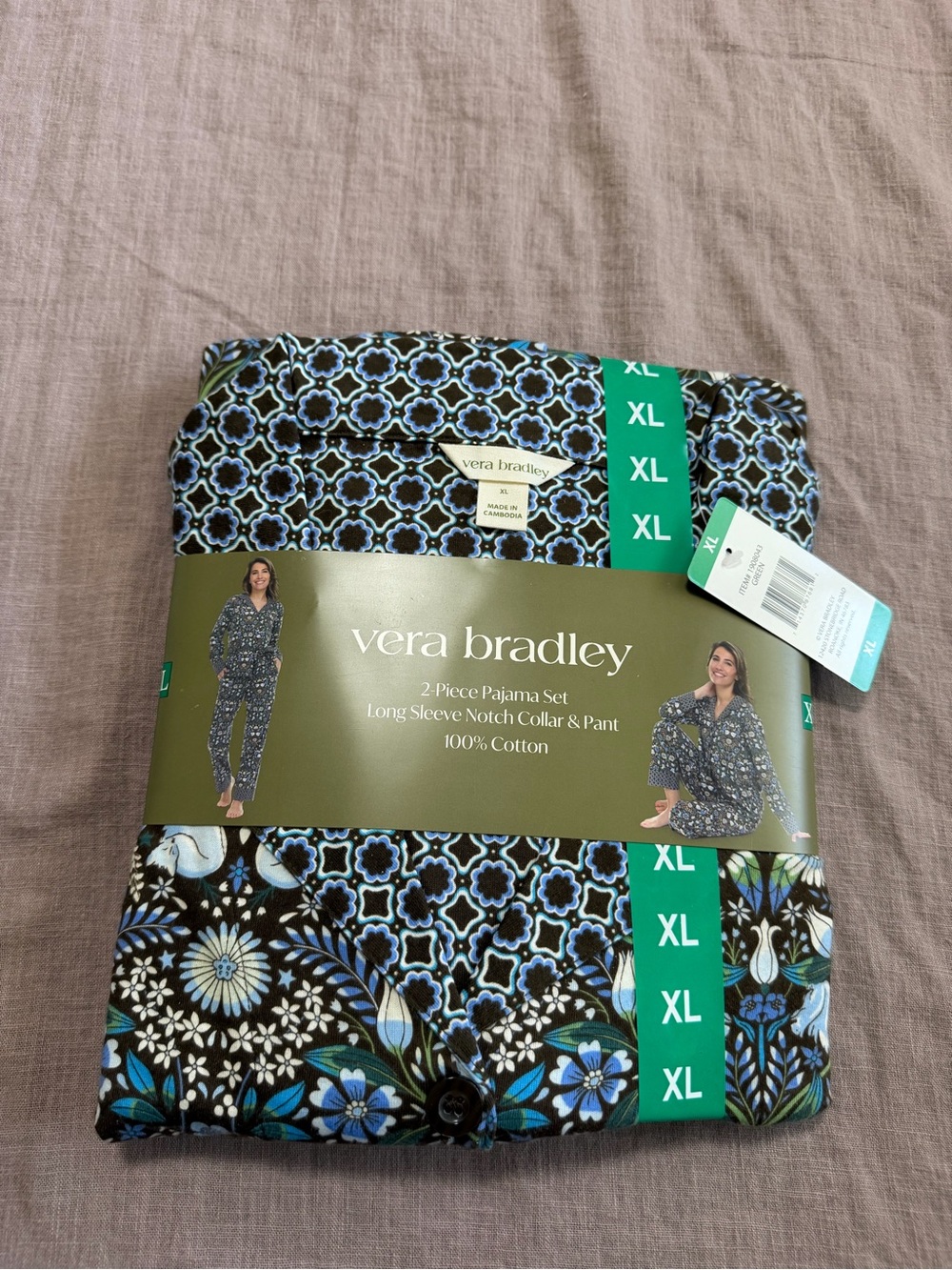 NWT Vera Bradley 2-Piece Pajama Set Blue Black Floral Size XL 100% Cotton Lounge - Picture 2 of 7